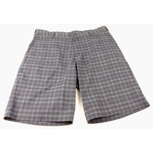 Nike Golf Dri-Fit Shorts 34 Gray Plaid Flat Front Swoosh Logo 11" inseam